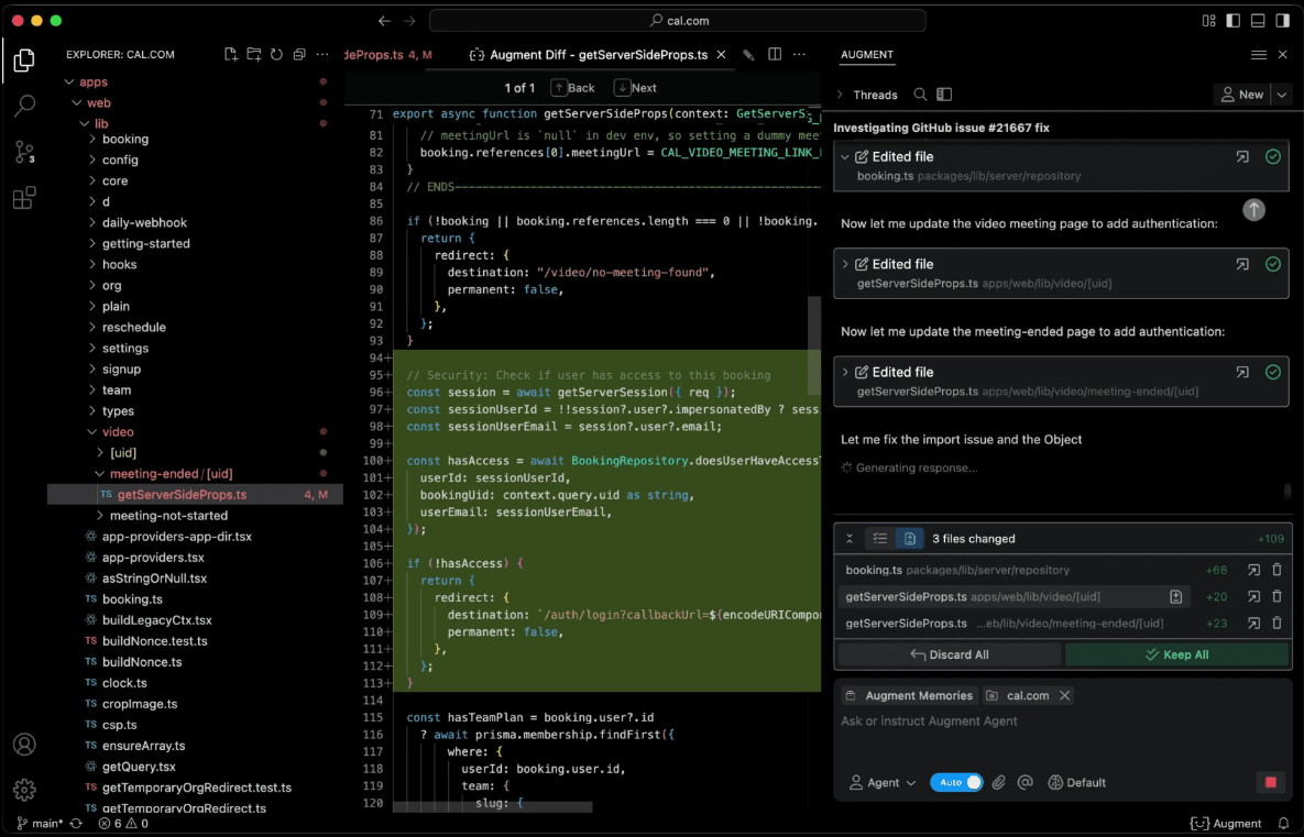 VSCode with the Augment extension editing the cal.com codebase, showing a multi-file diff that adds an authentication check and the Augment agent panel listing three changed files.