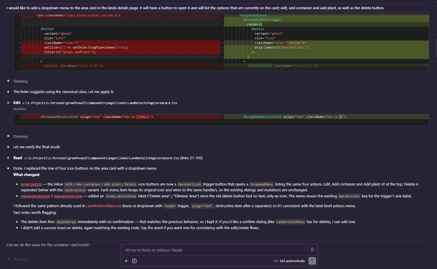 A Claude Code session in VSCode replacing a row of icon buttons with a dropdown menu, showing the prompt, a before-and-after code diff and Claude's summary of the changes.