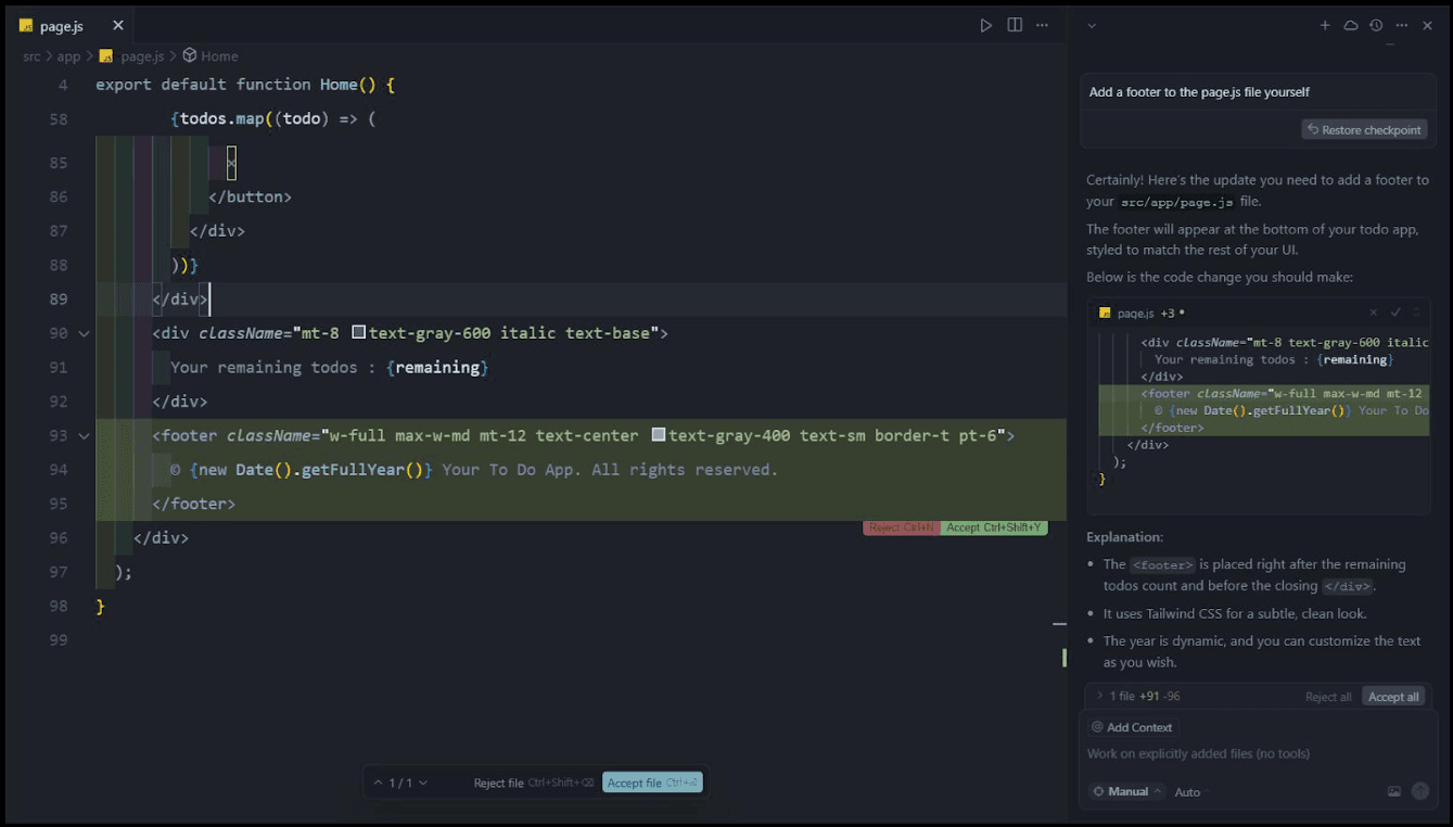 The Cursor editor showing an inline AI diff that adds a footer to a to-do app, with the AI chat panel explaining the change on the right.
