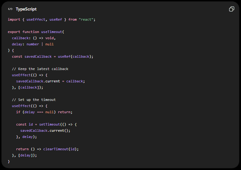 TypeScript code for a useTimeout React hook generated by ChatGPT, built with useRef and useEffect.